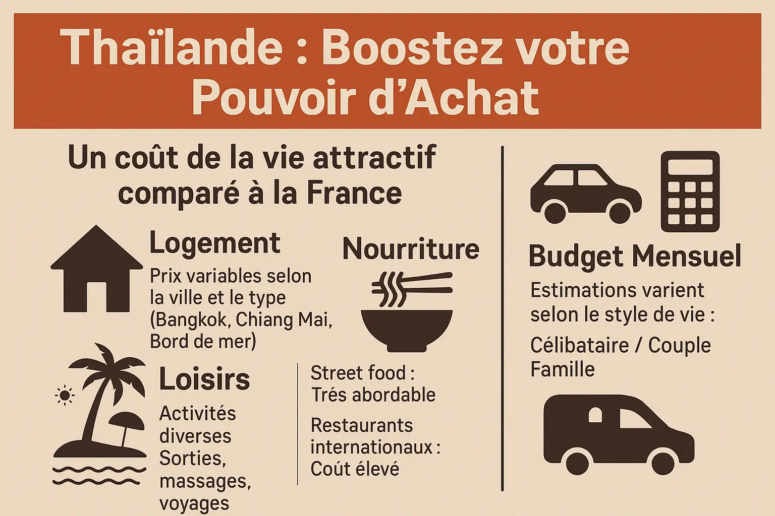 Vue sur Bangkok avec des éléments représentant le coût de la vie