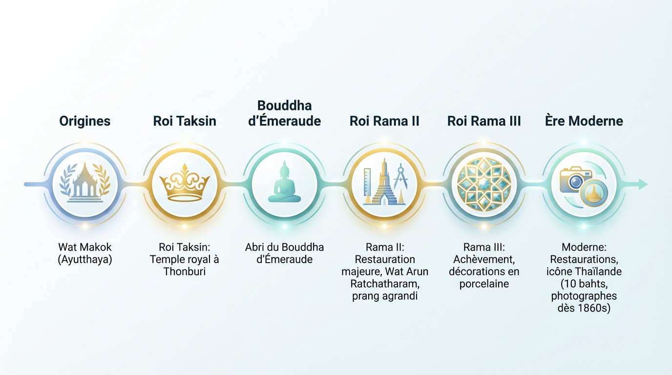 Evolution historique du Wat Arun de l'époque d'Ayutthaya à nos jours