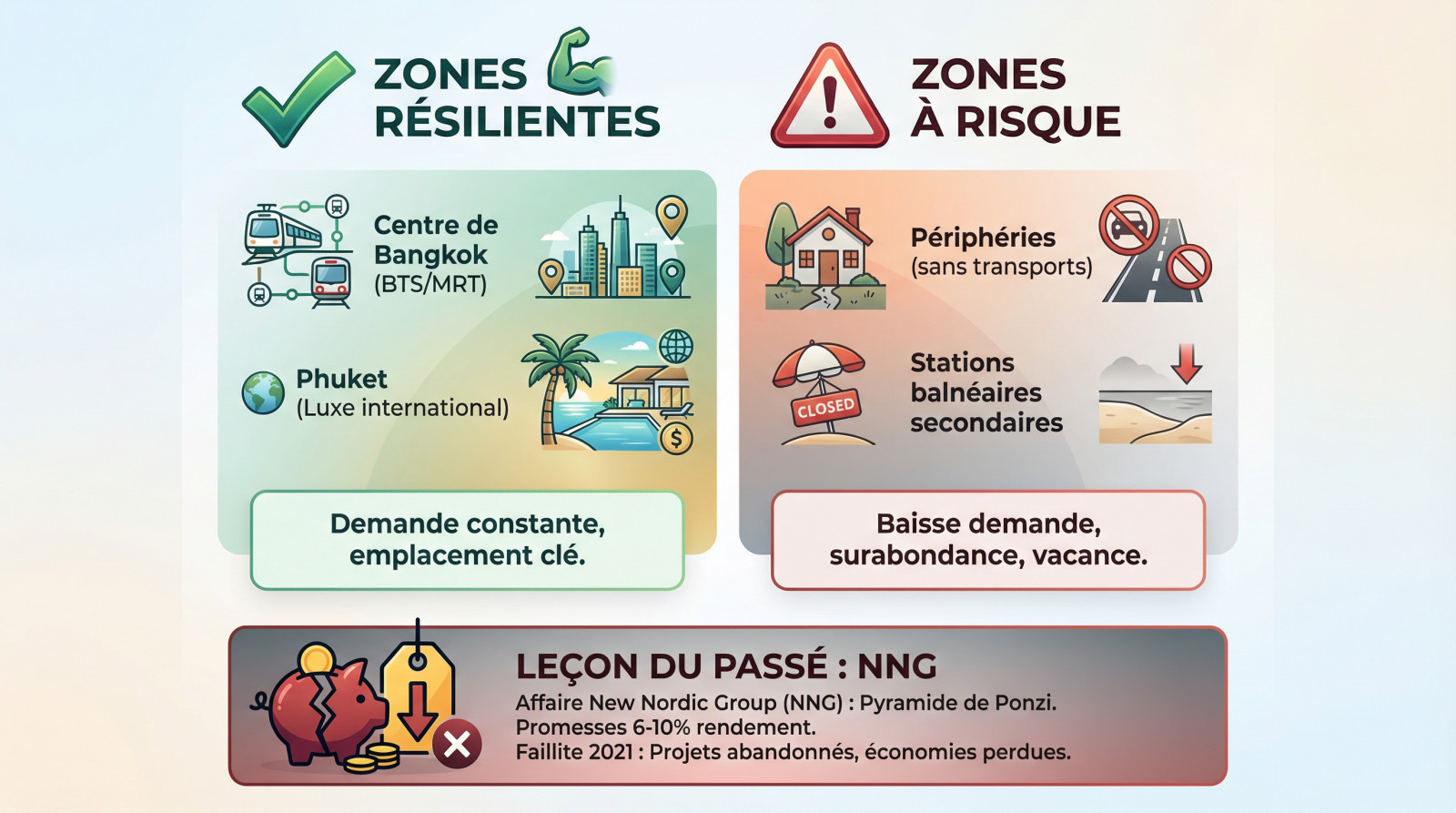 Carte illustrant les zones immobilières résilientes et à risque en Thaïlande