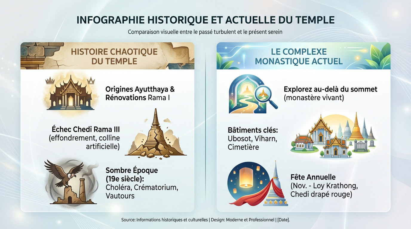 Infographie historique montrant l'évolution du temple Wat Saket