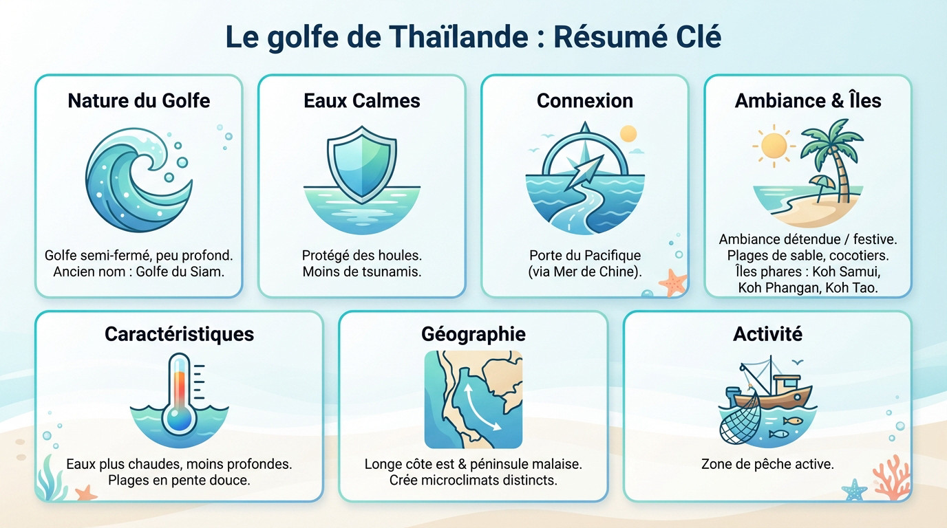 Infographie illustrant la géographie et les spécificités du Golfe de Thaïlande
