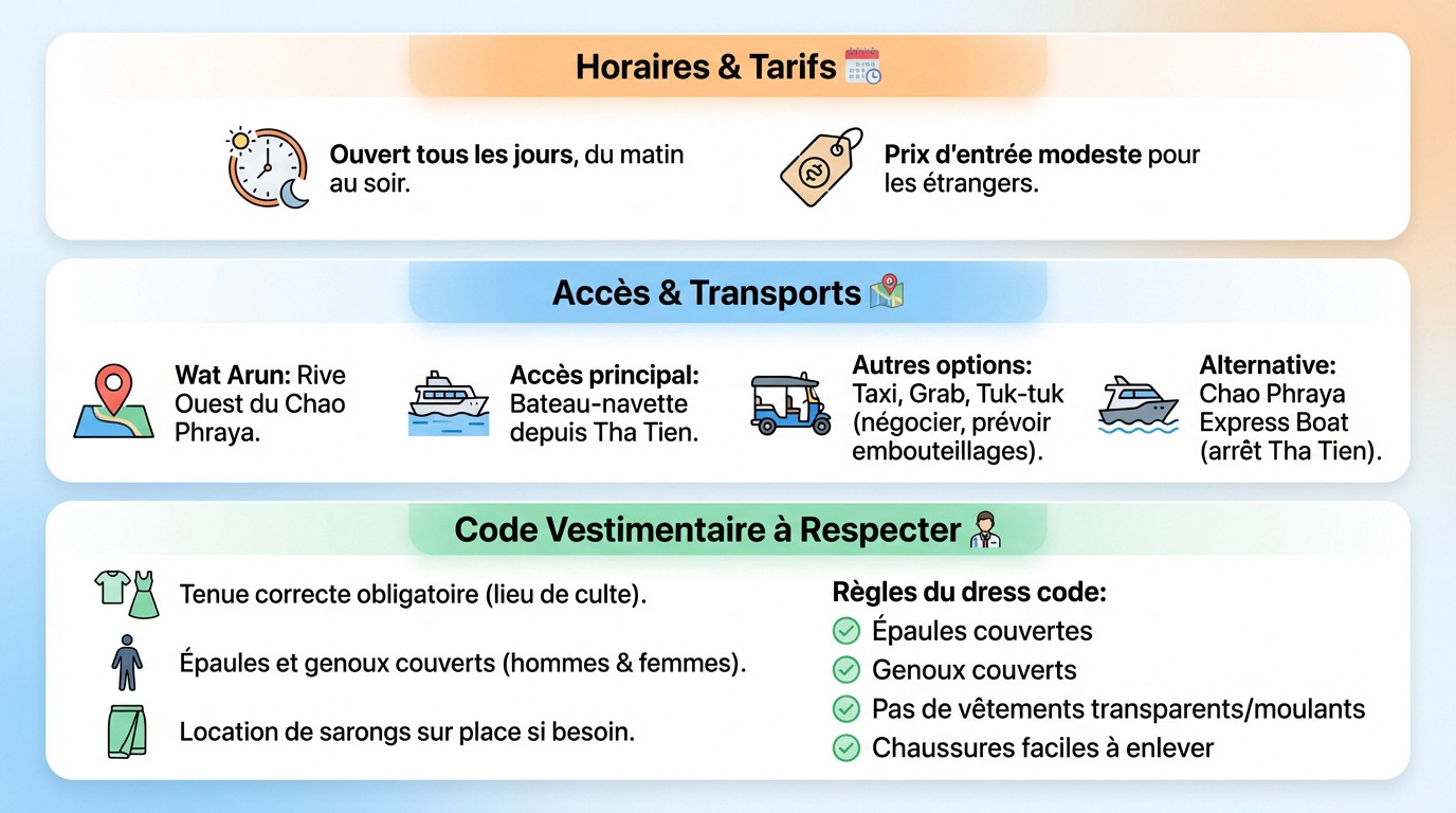 Infographie résumant les informations pratiques pour visiter le Wat Arun: horaires, tarifs et tenue vestimentaire