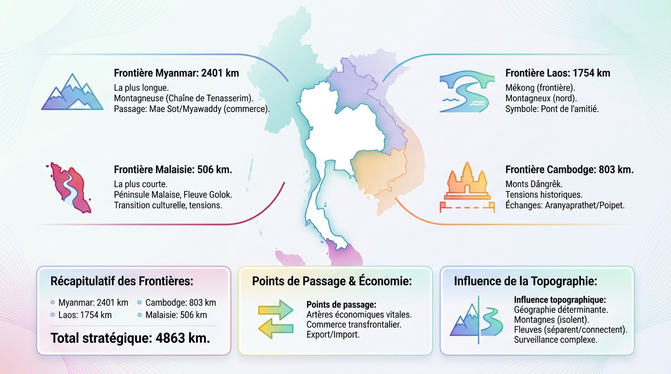 Carte illustrant les frontières terrestres de la Thaïlande avec le Myanmar, le Laos, le Cambodge et la Malaisie