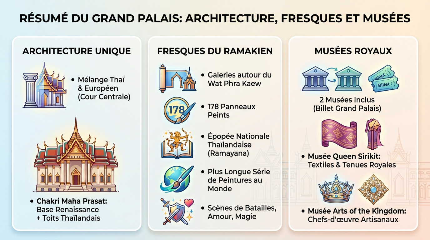 Architecture mixte du Grand Palais de Bangkok avec toits dorés et façade européenne