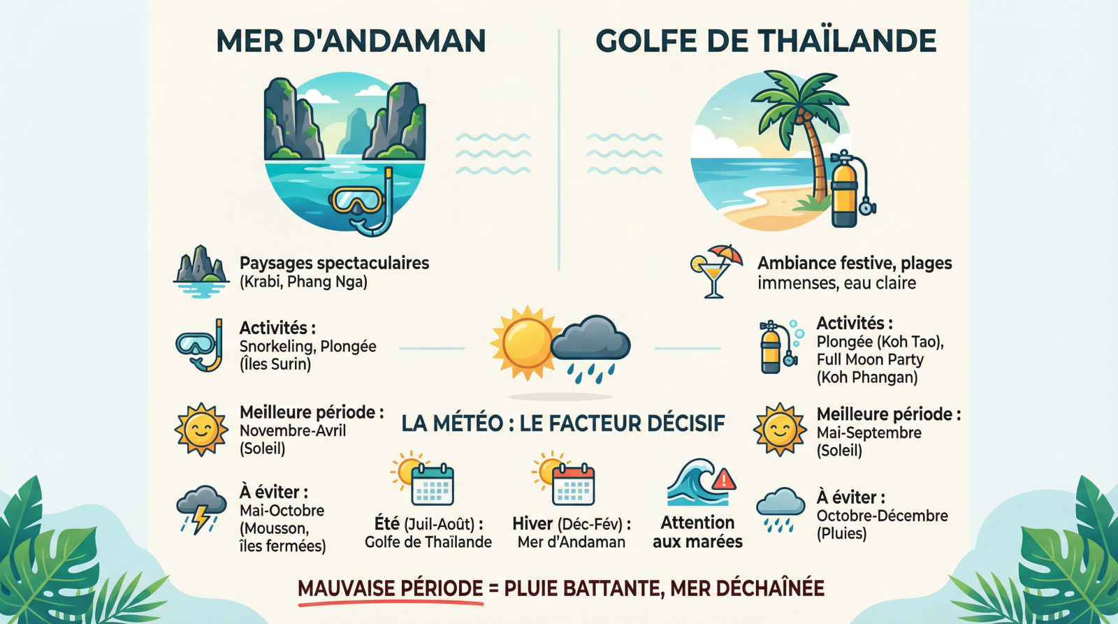 Comparaison météo et activités entre la mer d'Andaman et le Golfe de Thaïlande