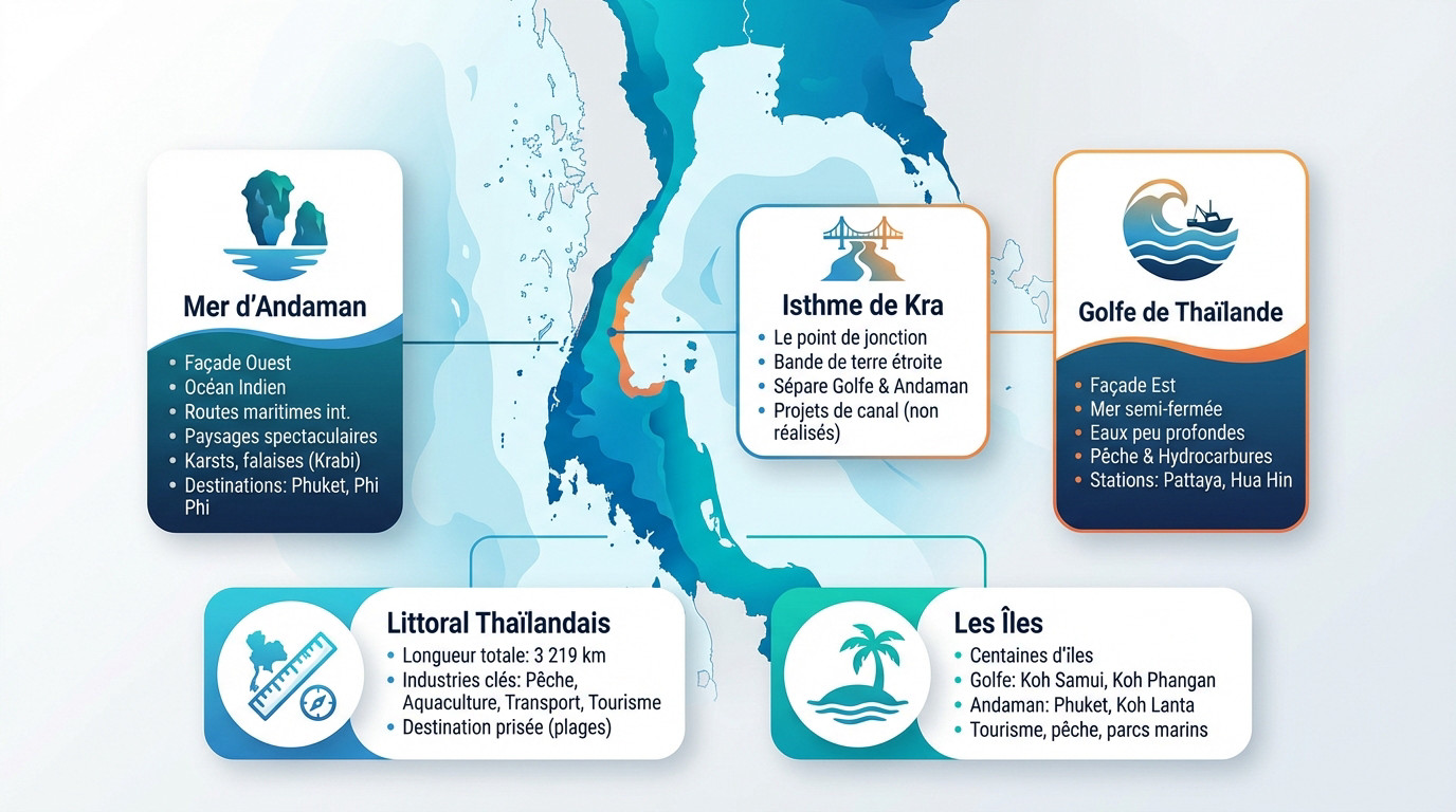 Carte illustrant la géographie maritime de la Thaïlande avec le golfe de Thaïlande, la mer d'Andaman et l'isthme de Kra