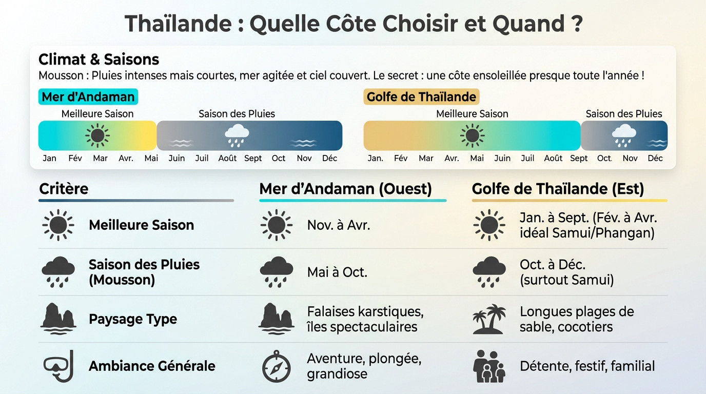Carte illustrant les saisons inversées entre la mer d'Andaman et le golfe de Thaïlande