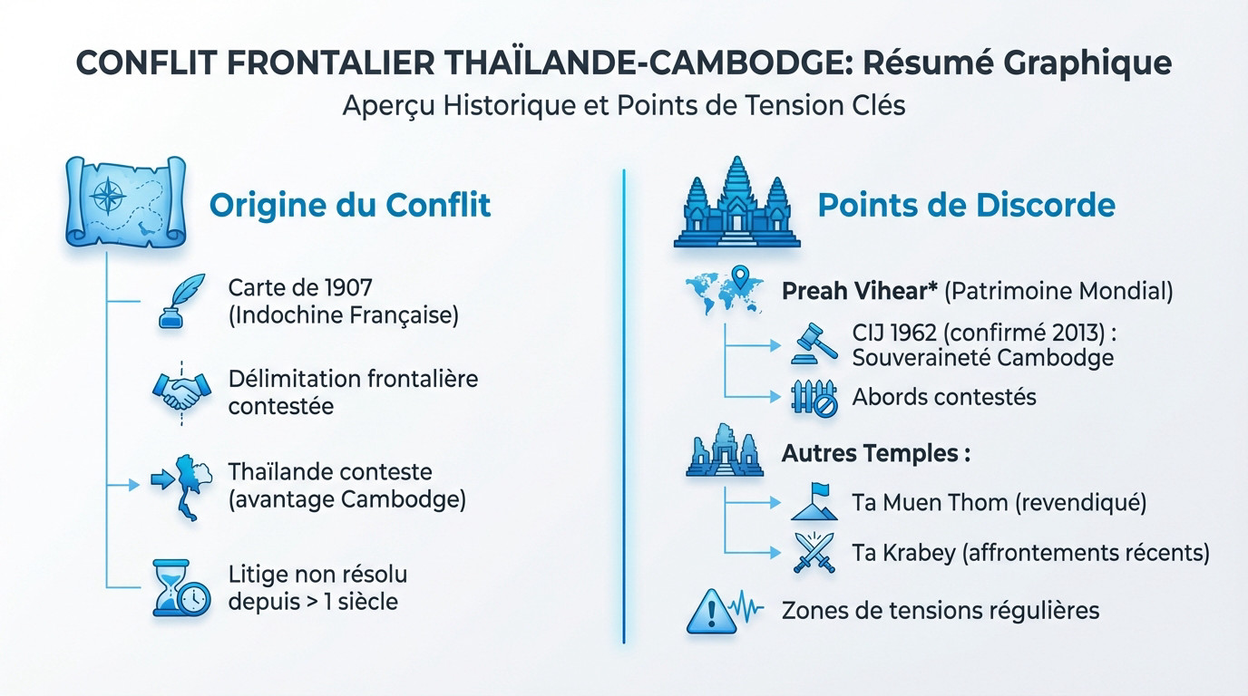 Carte explicative du conflit frontalier Thaïlande Cambodge et zones des temples disputés