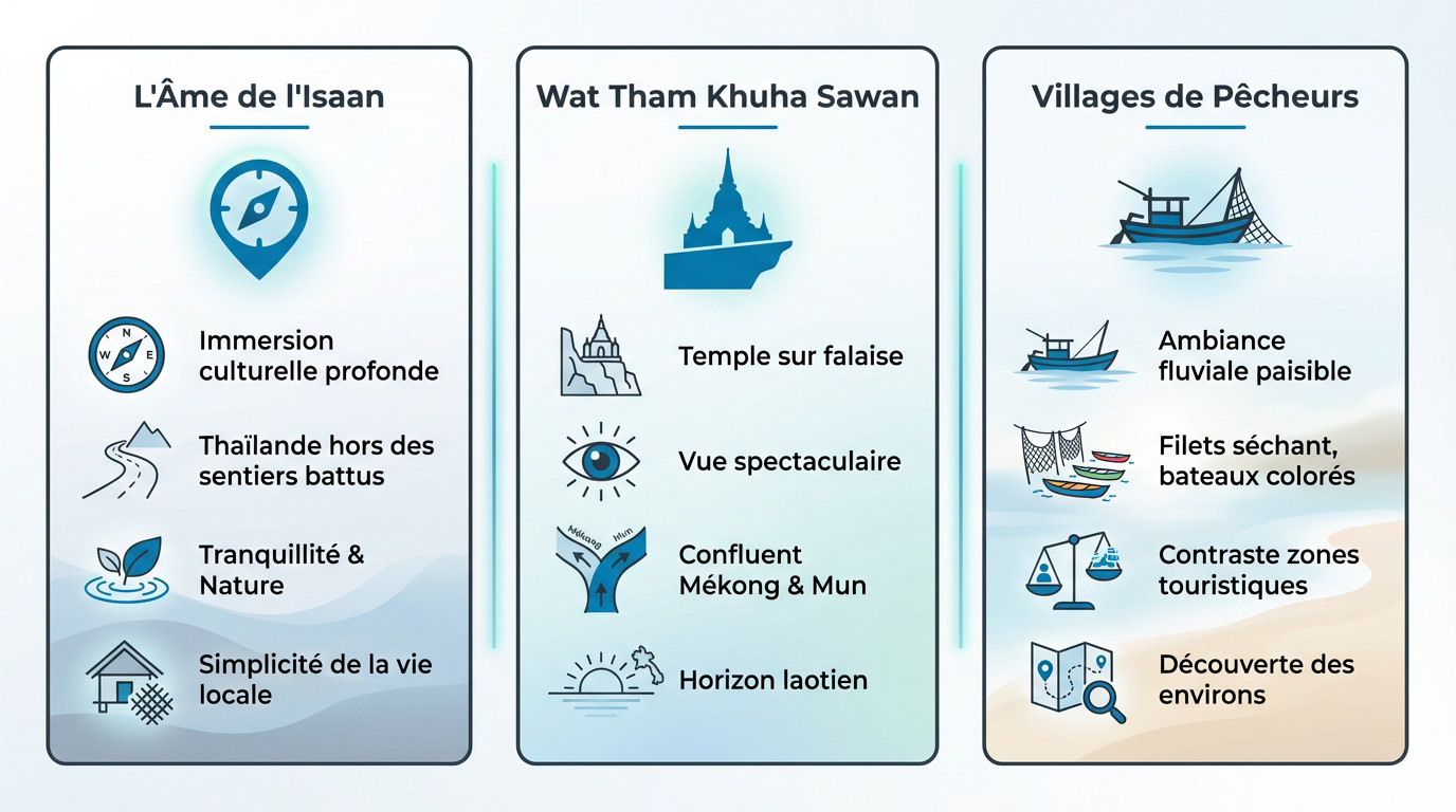 Infographie illustrant l'expérience authentique de l'Isaan à Khong Chiam et ses traditions locales
