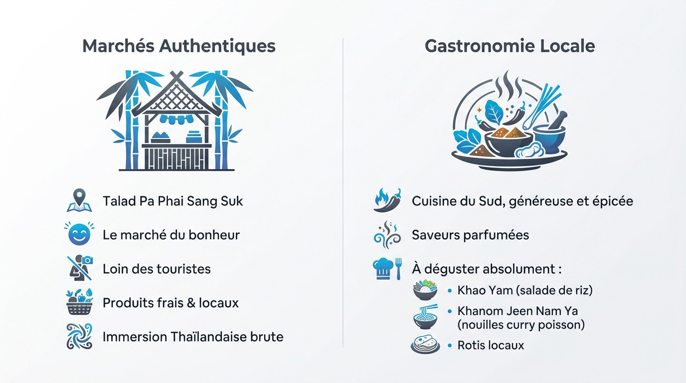 Étalages colorés et ambiance paisible au marché local de Phatthalung en Thaïlande