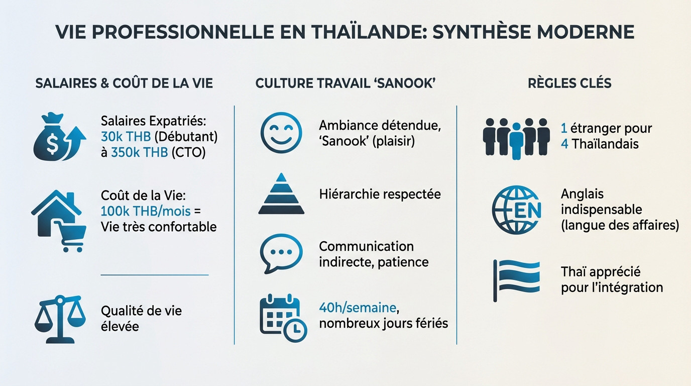 Synthèse visuelle de la vie professionnelle en Thaïlande montrant l'équilibre travail et culture locale