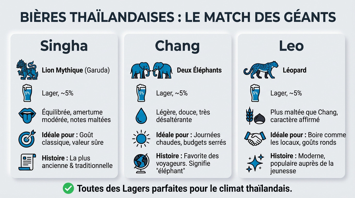 Comparatif visuel des trois bières thaïlandaises principales : Chang, Singha et Leo