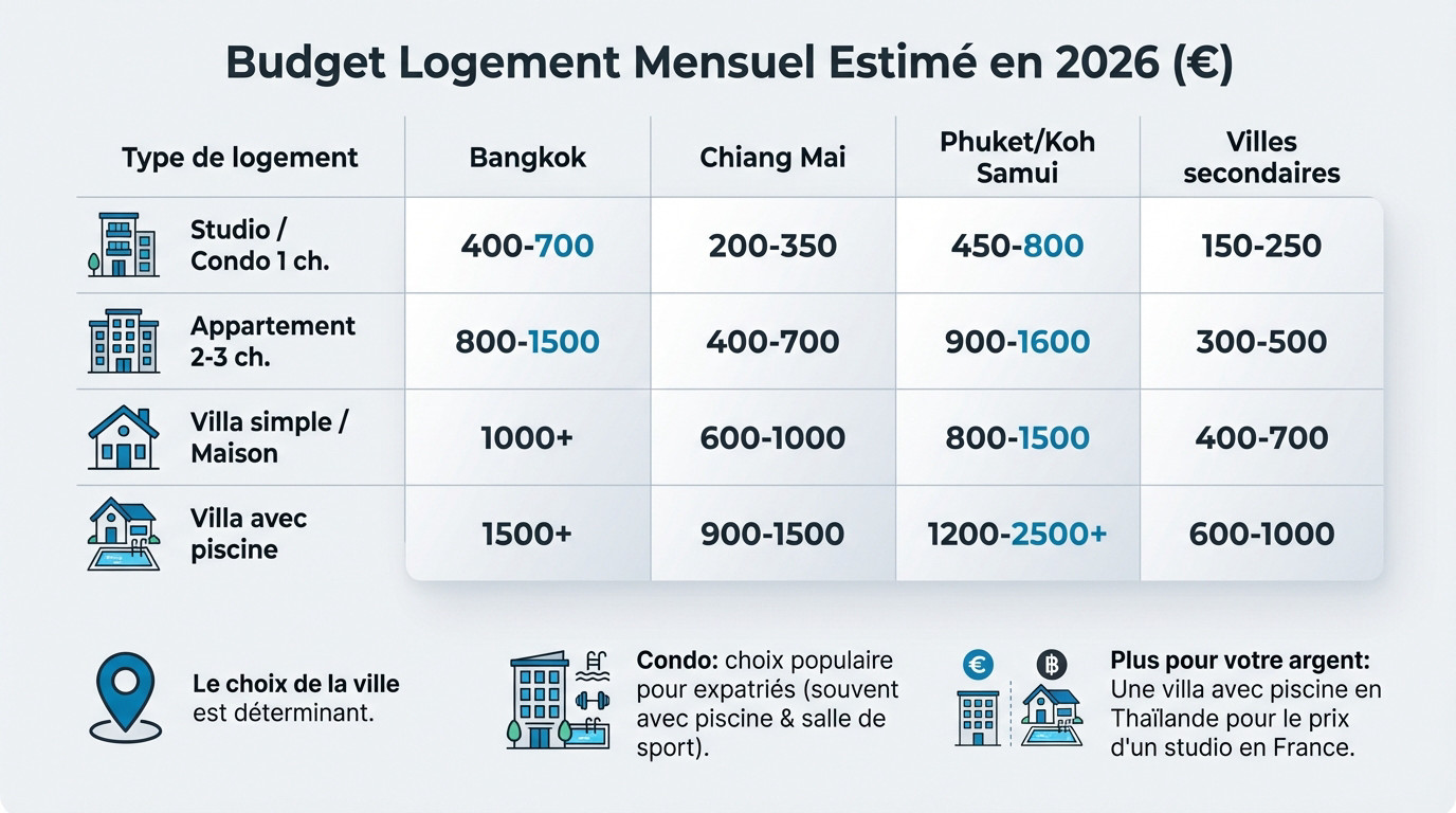 Tableau comparatif du budget logement mensuel estimé en Thaïlande pour 2026 selon les villes