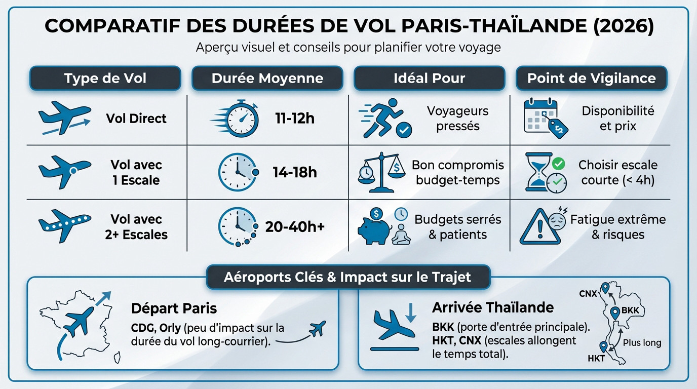 Graphique comparatif des durées de vol entre Paris et la Thaïlande pour 2026, montrant les différences entre vol direct et avec escales