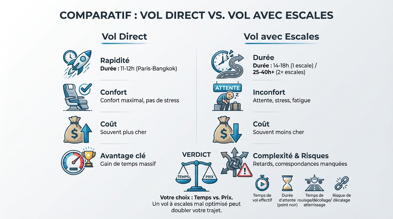 Graphique comparant la durée d'un vol direct Paris-Bangkok versus un vol avec escales