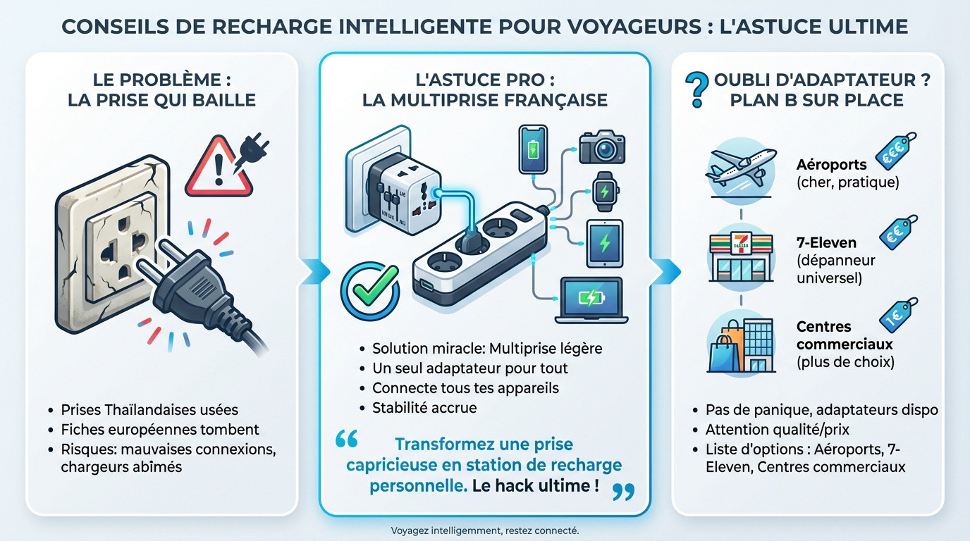 Multiprise branchée sur un adaptateur universel en voyage