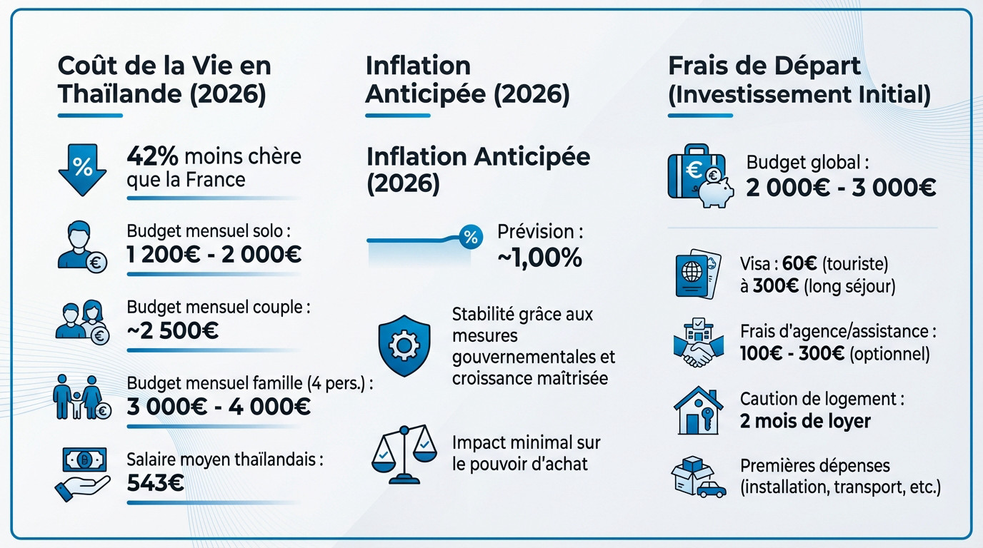 Graphique illustrant le coût de la vie et les frais de départ pour s'installer en Thaïlande en 2026