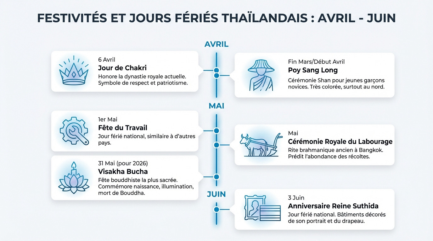 Calendrier des festivités et jours fériés en Thaïlande d'avril à juin 2026