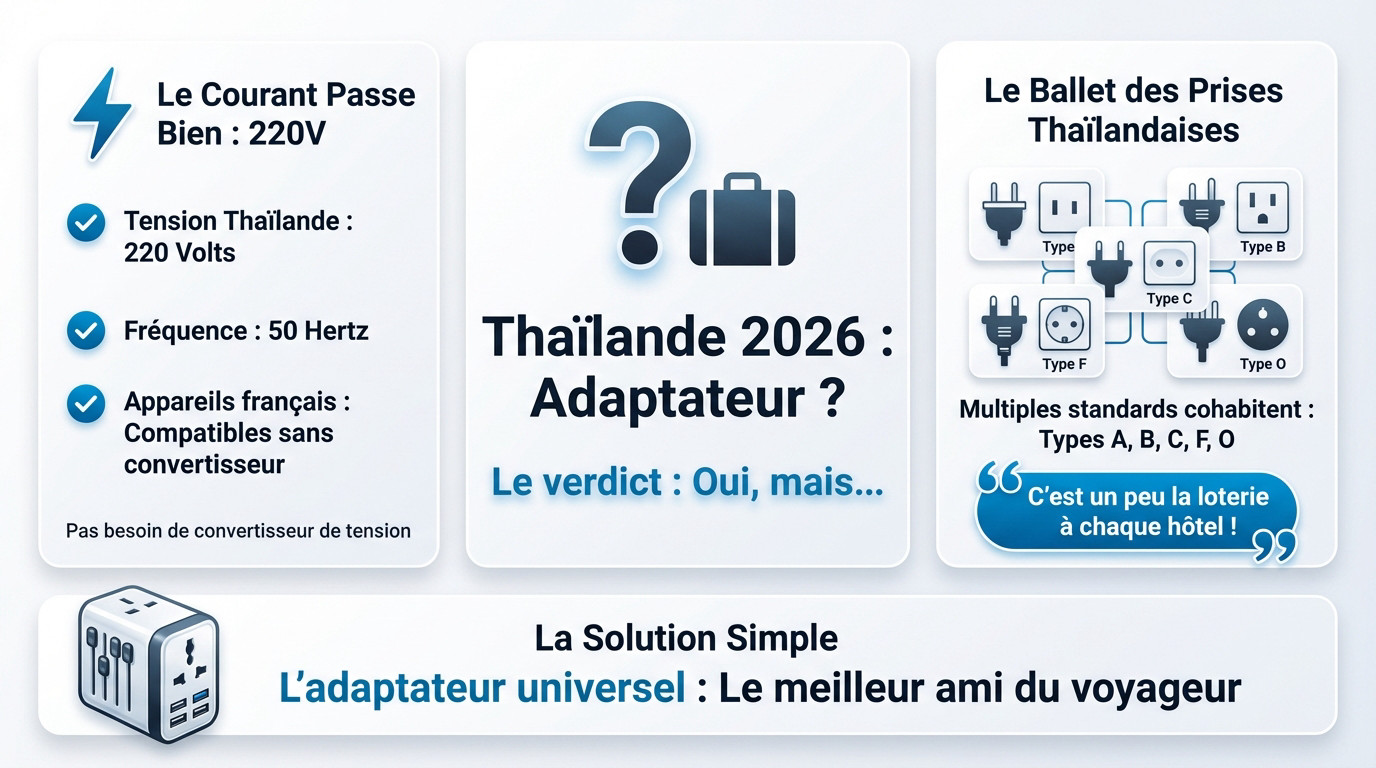 Infographie explicative sur les types de prises électriques en Thaïlande et la nécessité d'un adaptateur en 2026