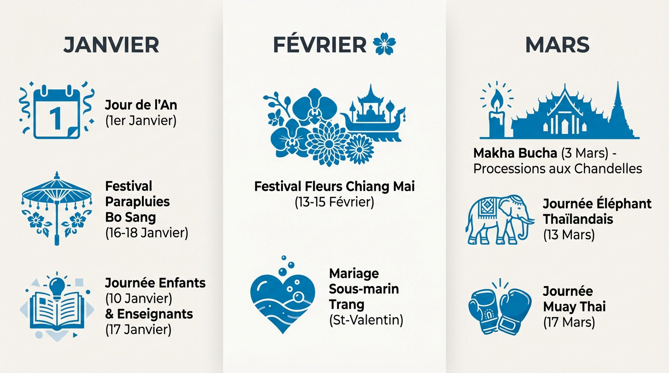 Infographie des événements majeurs en Thaïlande de janvier à mars 2026