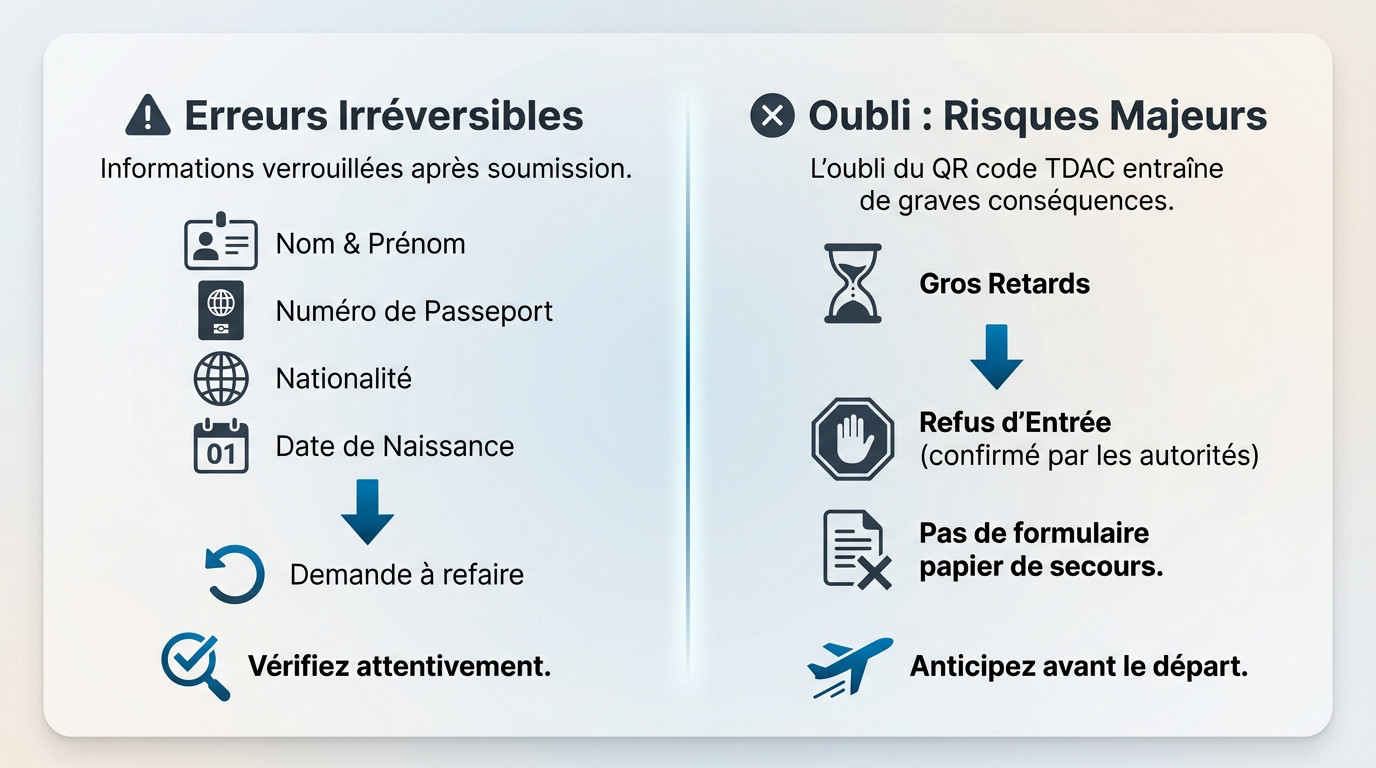 Infographie détaillant les erreurs irréversibles sur le formulaire TDAC Thaïlande et les oublis majeurs à éviter