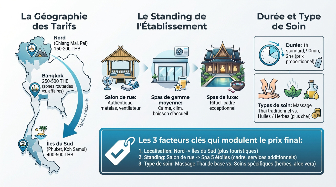 Graphique illustrant les variations de prix des massages en Thaïlande selon la région et le standing