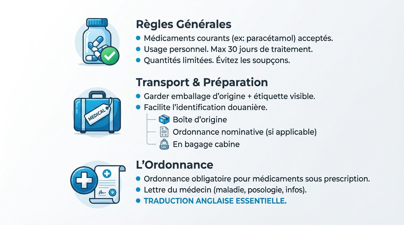 Trousse de médicaments de voyage pour la Thaïlande avec passeport et ordonnance