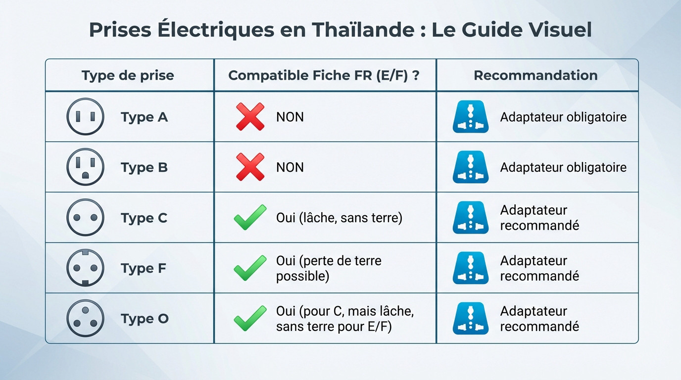 Illustration des différents types de prises électriques en Thaïlande : A, B, C, F et O