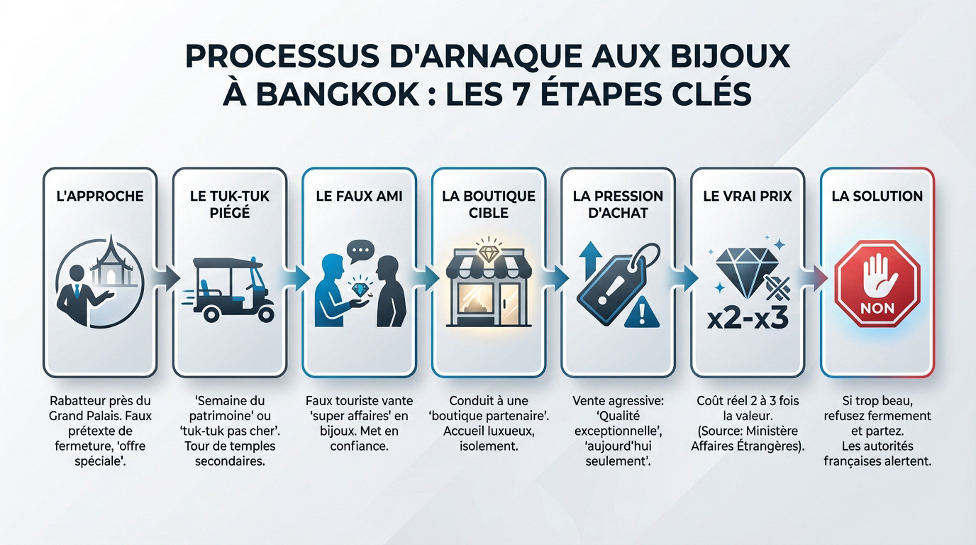 Schéma explicatif des 7 étapes de l'arnaque aux bijoux à Bangkok