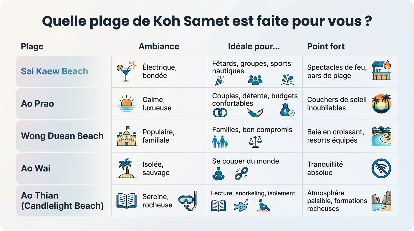 Tableau comparatif pour choisir sa plage idéale à Koh Samet selon l'ambiance et les activités
