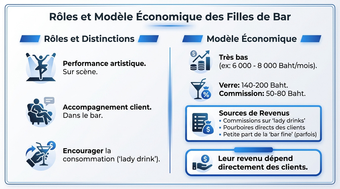 Schéma explicatif des rôles et des revenus des filles de bar dans un gogo bar