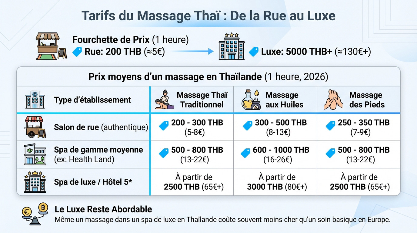 Comparaison des tarifs de massage en Thaïlande entre salon de rue et spa de luxe