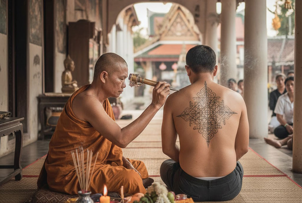 tatouage Sak Yant à Wat Bang Phra Thailande