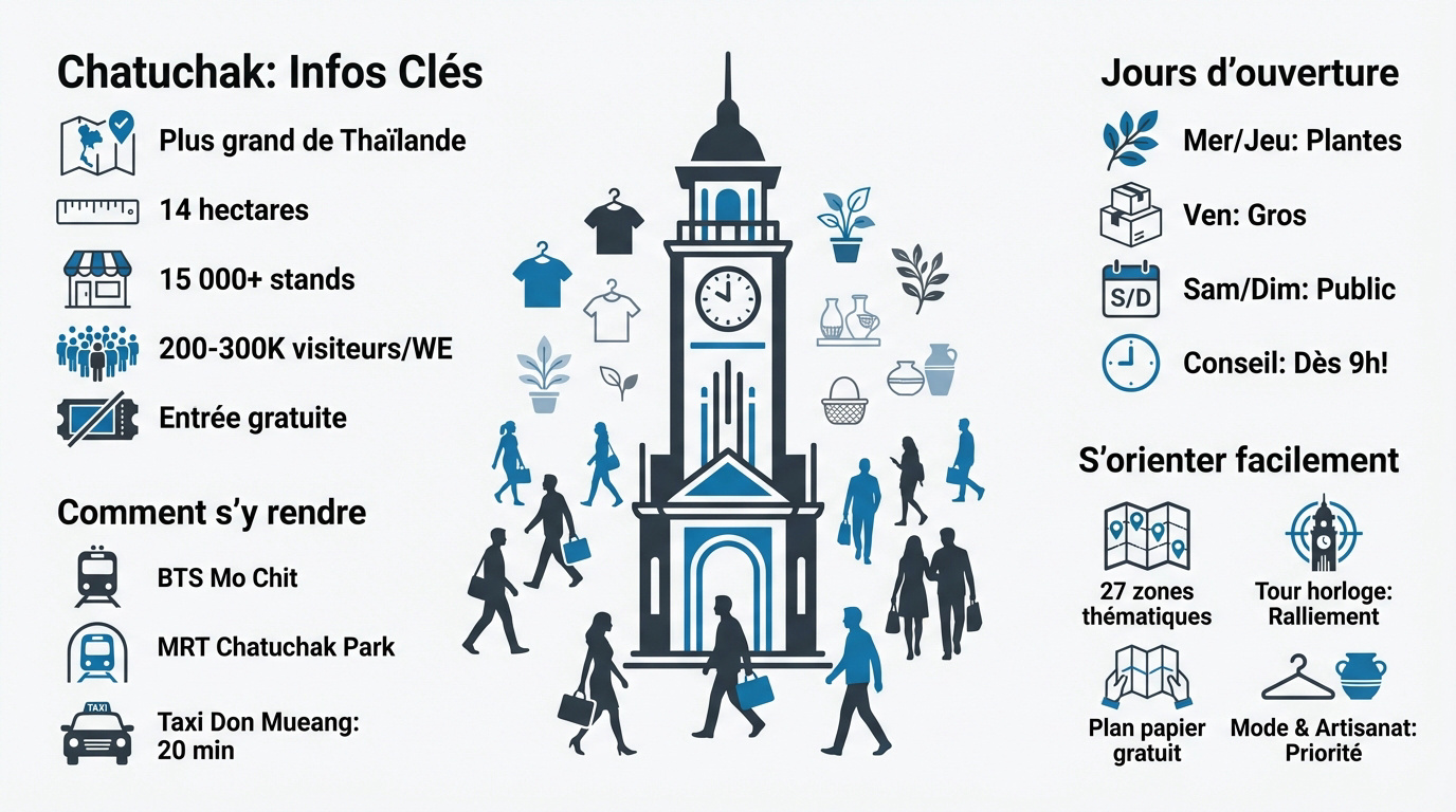 Infographie pratique du marché de Chatuchak à Bangkok montrant les zones et accès