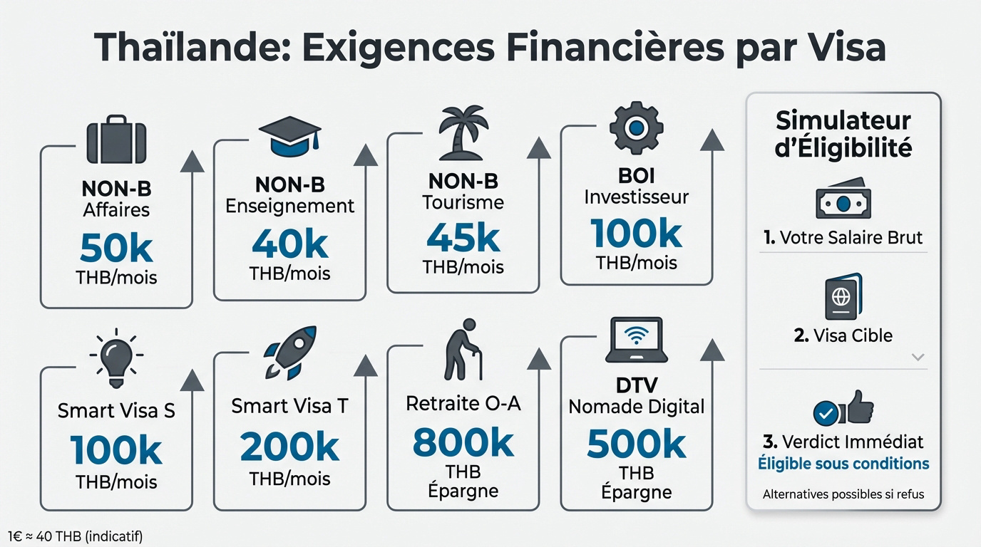 Tableau des exigences financières et salaire minimum thaïlande par type de visa pour 2026
