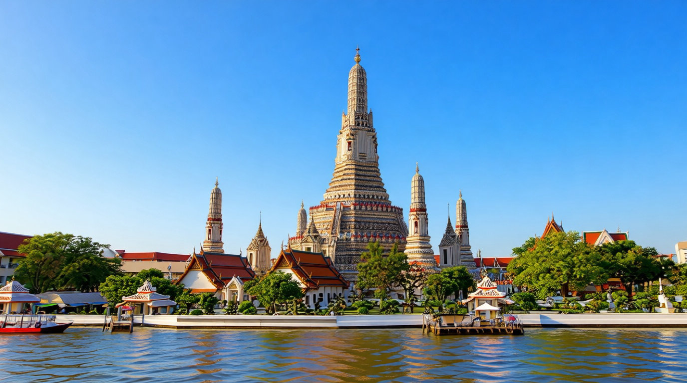 Wat Arun sur le Chao Phraya au coucher du soleil