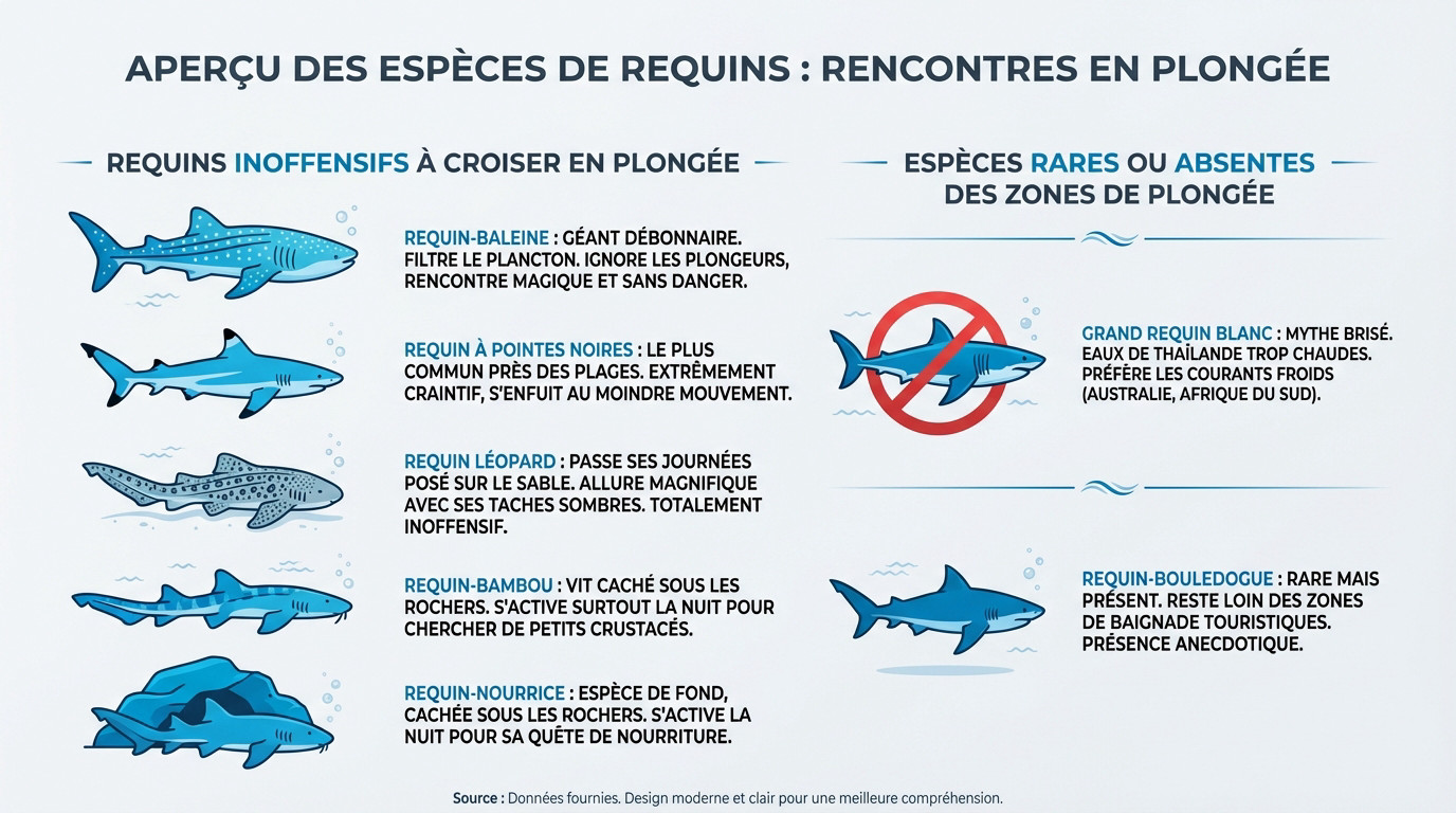 Graphique illustrant les espèces de requin en Thaïlande et leur taille comparée à un plongeur