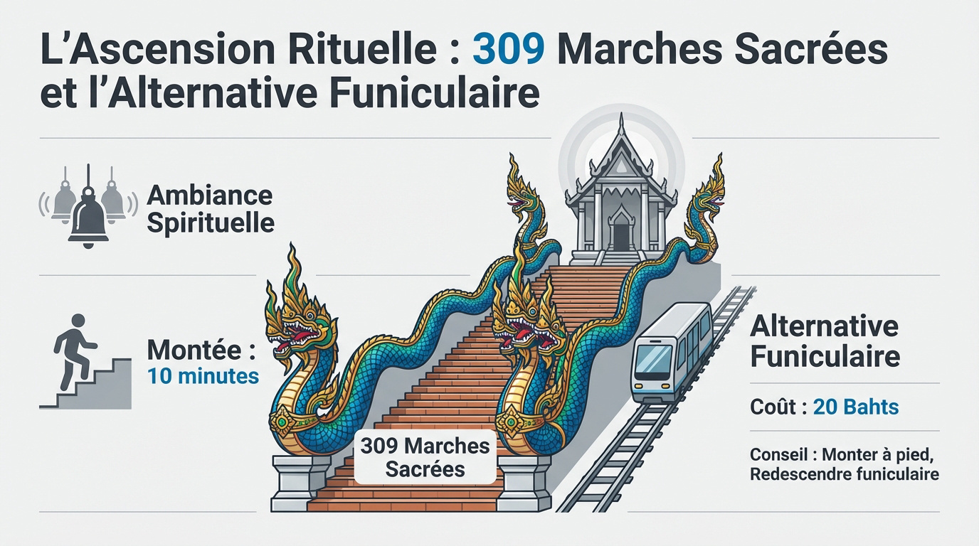Escalier monumental du temple Doi Suthep bordé de statues de Nagas à Chiang Mai