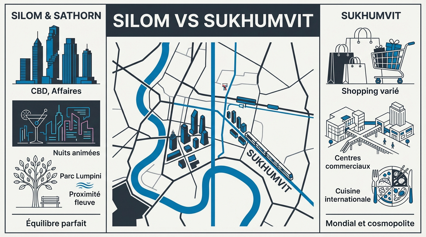 Vue urbaine comparant les quartiers de Silom et Sukhumvit à Bangkok