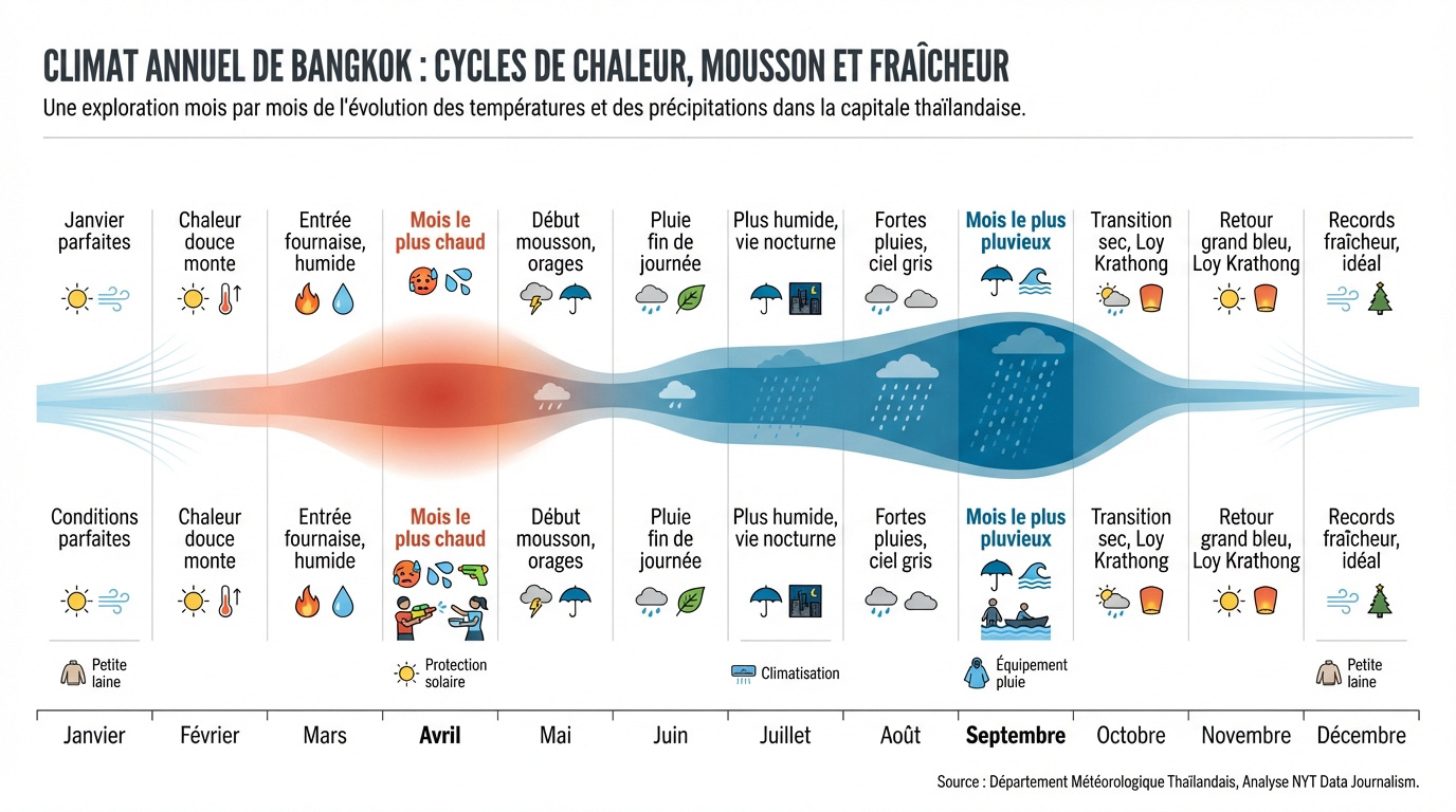 Climat annuel de Bangkok : cycles de chaleur, mousson et fraîcheur