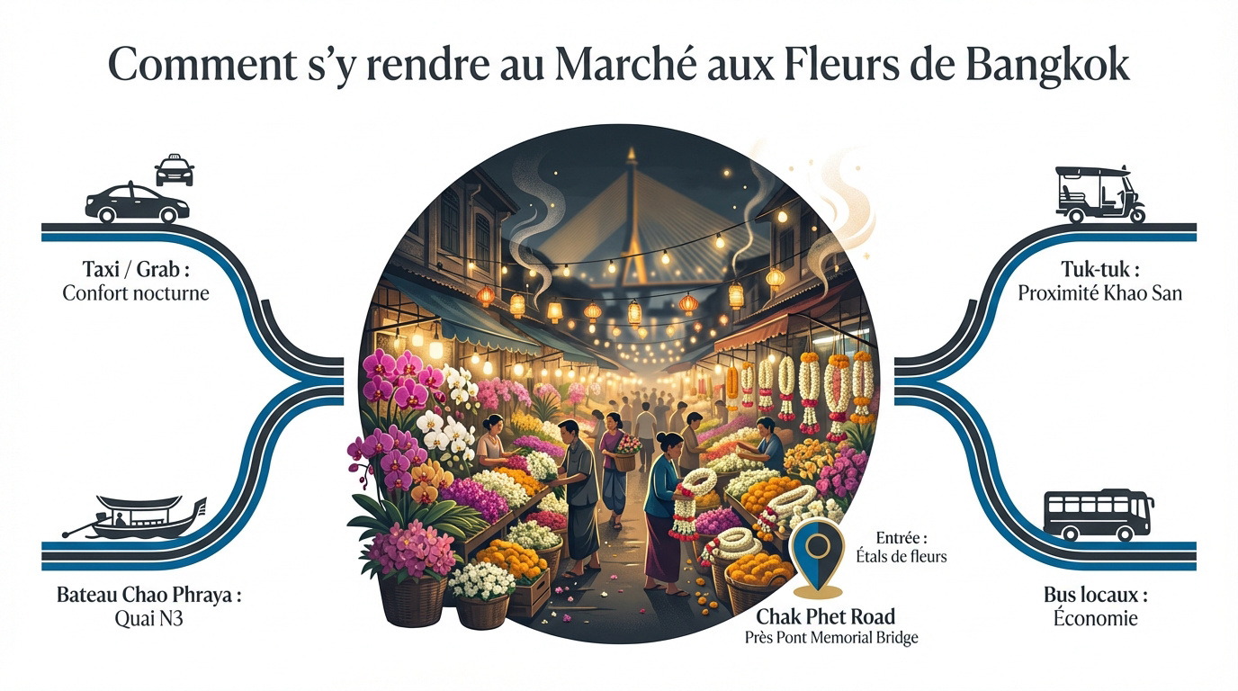 Accès au marché aux fleurs Pak Khlong Talat à Bangkok