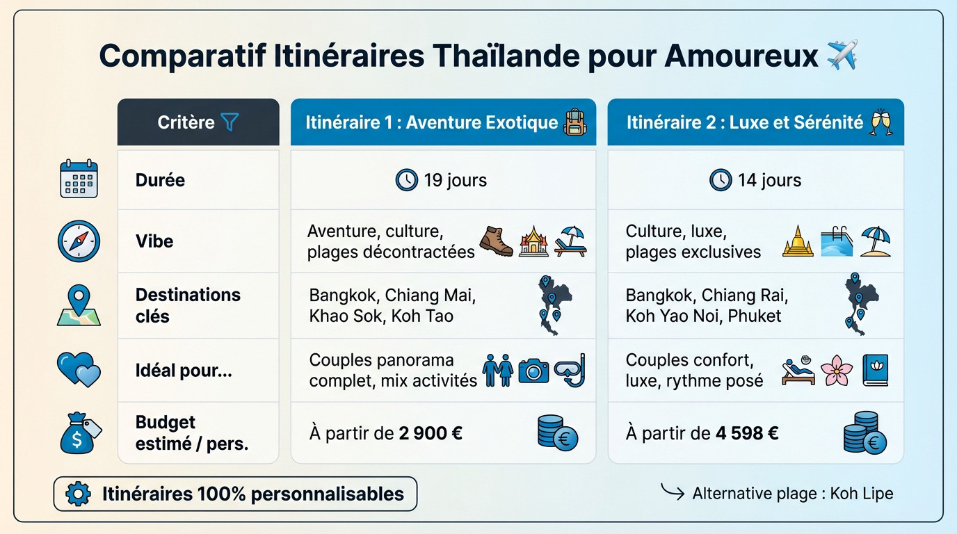 Tableau comparatif des itinéraires de voyage de noces en Thaïlande avec budget
