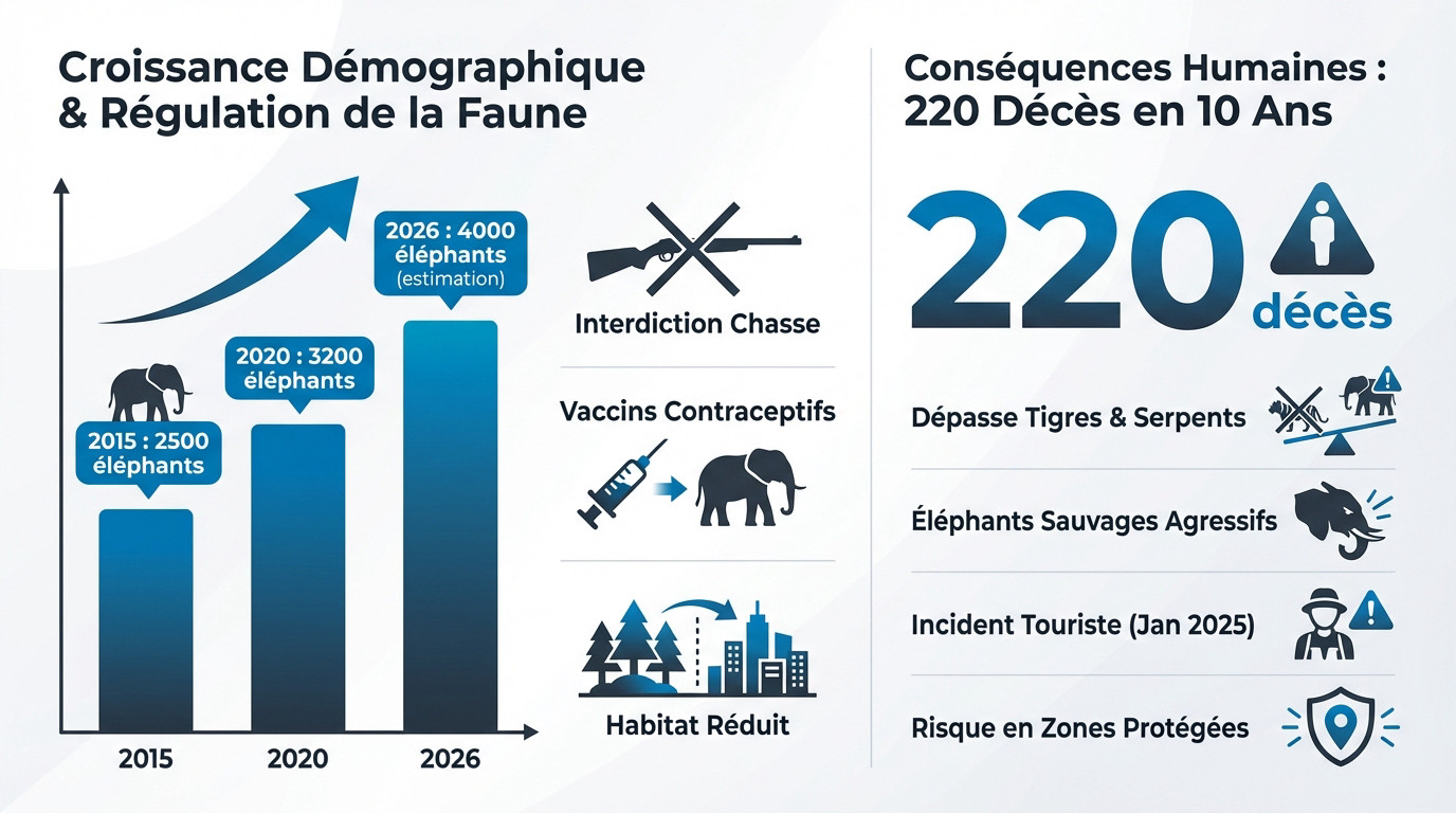Graphique illustrant l'augmentation des conflits homme-éléphant en Thaïlande et les chiffres clés de 2026
