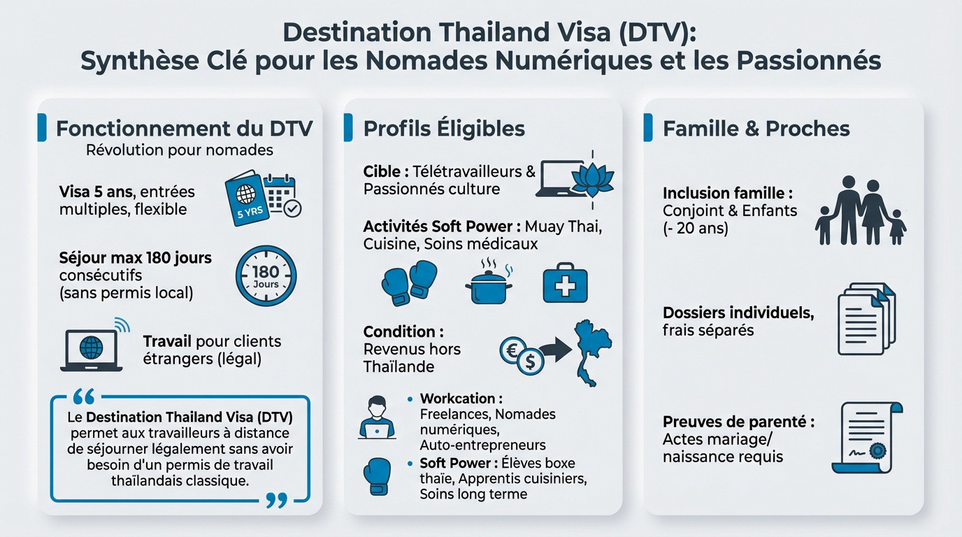 Synthèse visuelle du Visa DTV Thaïlande pour les nomades numériques et passionnés de culture