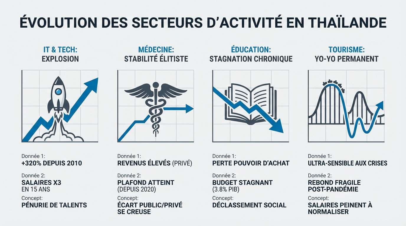 Graphique montrant l'évolution fulgurante des salaires dans le secteur de la tech en Thaïlande par rapport aux autres domaines