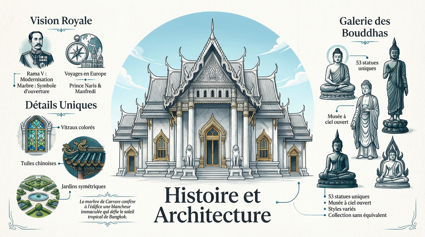 Architecture en marbre de Carrare et toits traditionnels du Wat Benchamabophit