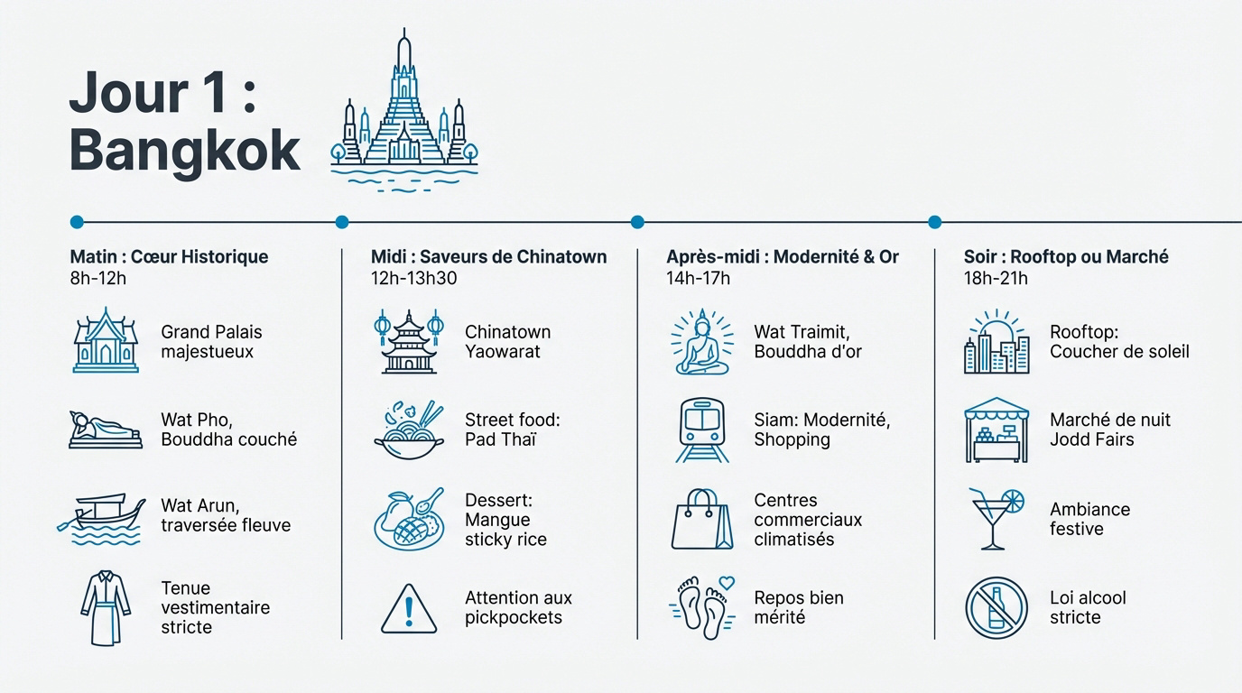 Infographie itinéraire jour 1 à Bangkok : temples et quartier historique