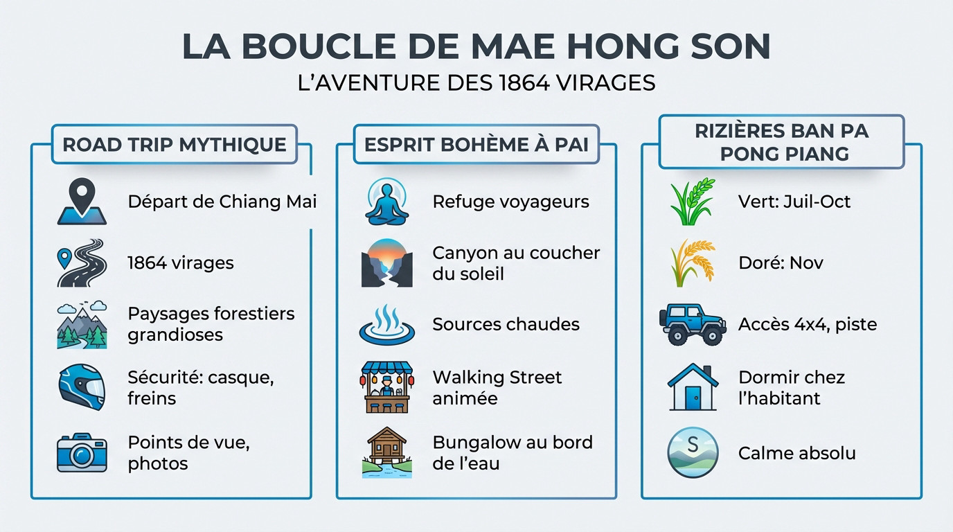 Infographie détaillée du parcours de la boucle de Mae Hong Son et ses étapes clés
