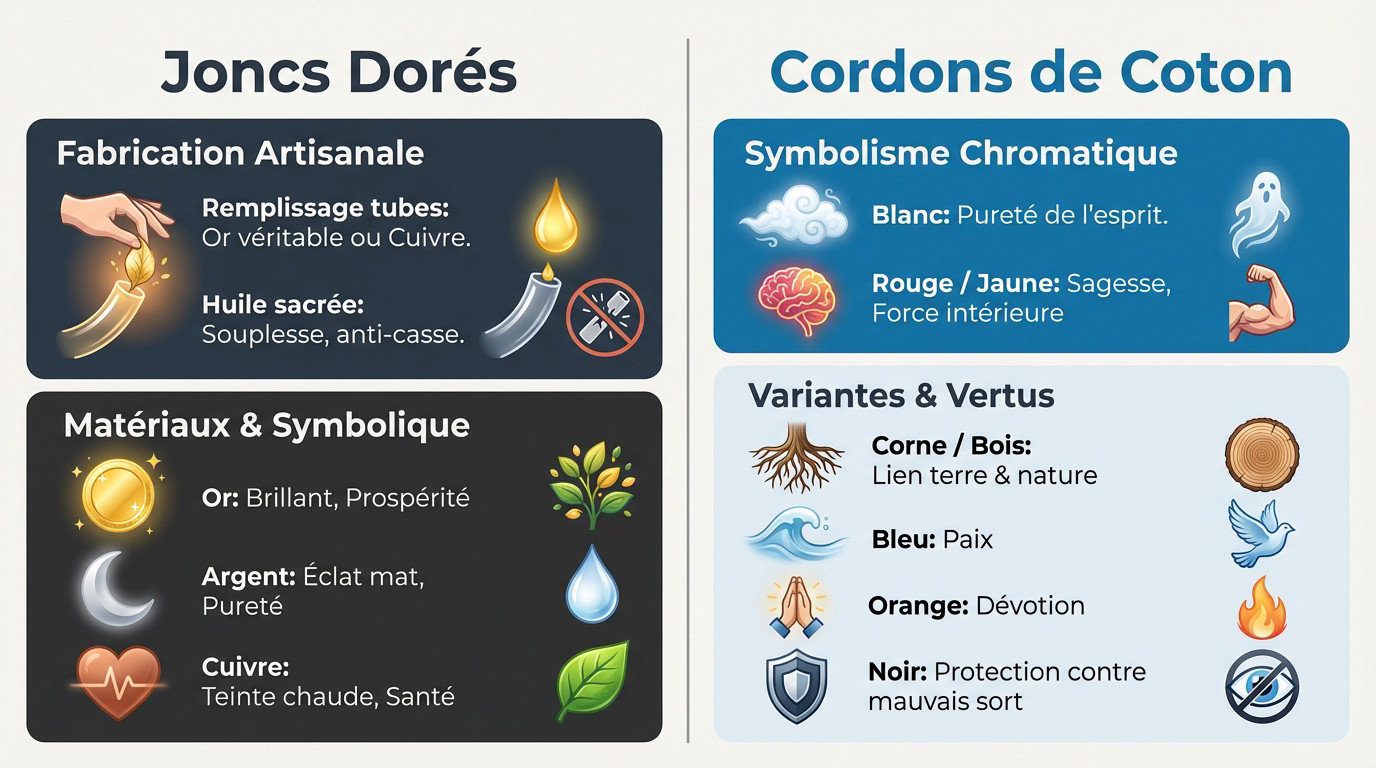 Infographie détaillant les matériaux et la symbolique des bracelets thaïlandais