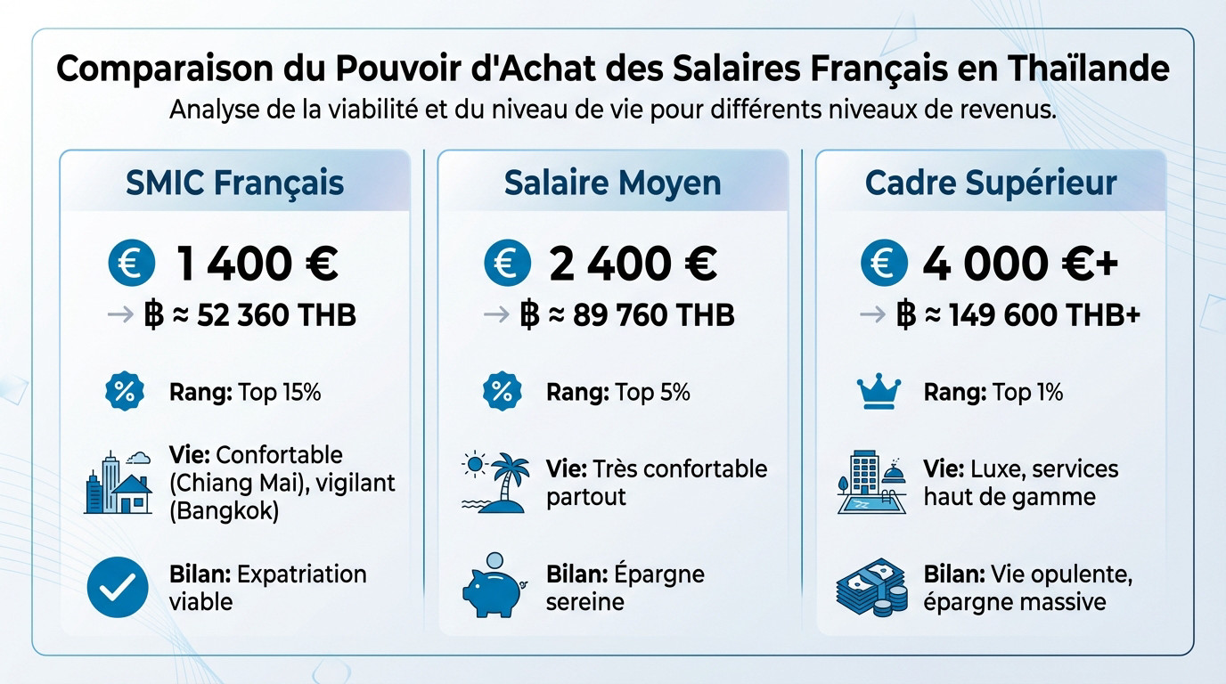 Comparaison du pouvoir d'achat d'un salaire en euros converti en bahts thaïlandais